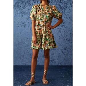 MARIE OLIVER orange yellow multicolored shirt‎ dress size S balloon Sleeves belt